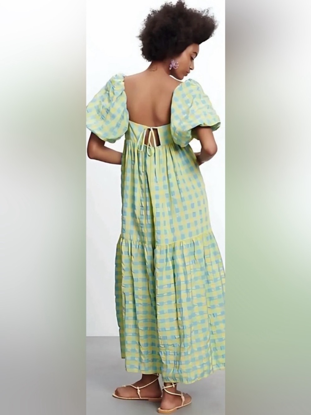 Zara Green and Yellow puff sleeve maxi dress size M - Picture 2 of 6
